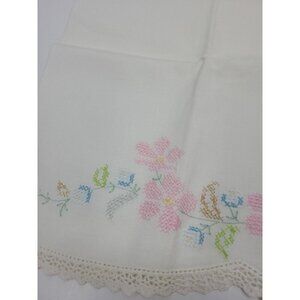 Vintage Handmade Cross Stitch Pillowcase Standard Sz Floral Scalloped Lace Edge